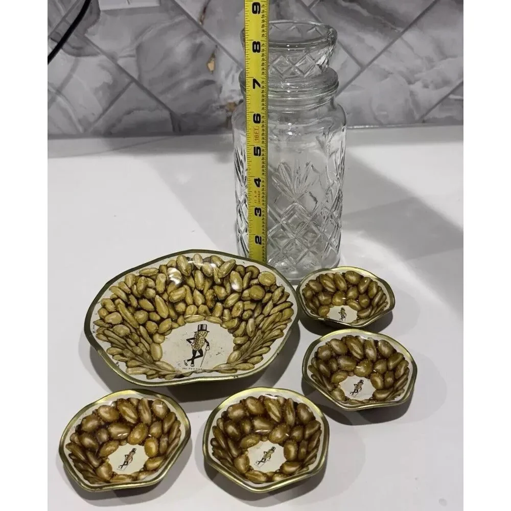 Vintage Planter's Peanuts Lot With Diamond Pattern Glass Jar And Serving‎ Bowls